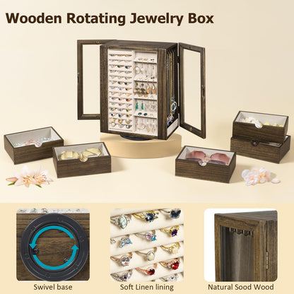 Emfogo 360° Rotating Jewelry Box for Women, Rustic Wooden Jewelry Organizer Box with 5 Drawers, Glass Doors, Vertical Open Design Jewelry Storage Case Display for Earrings Rings Necklaces Bracelets
