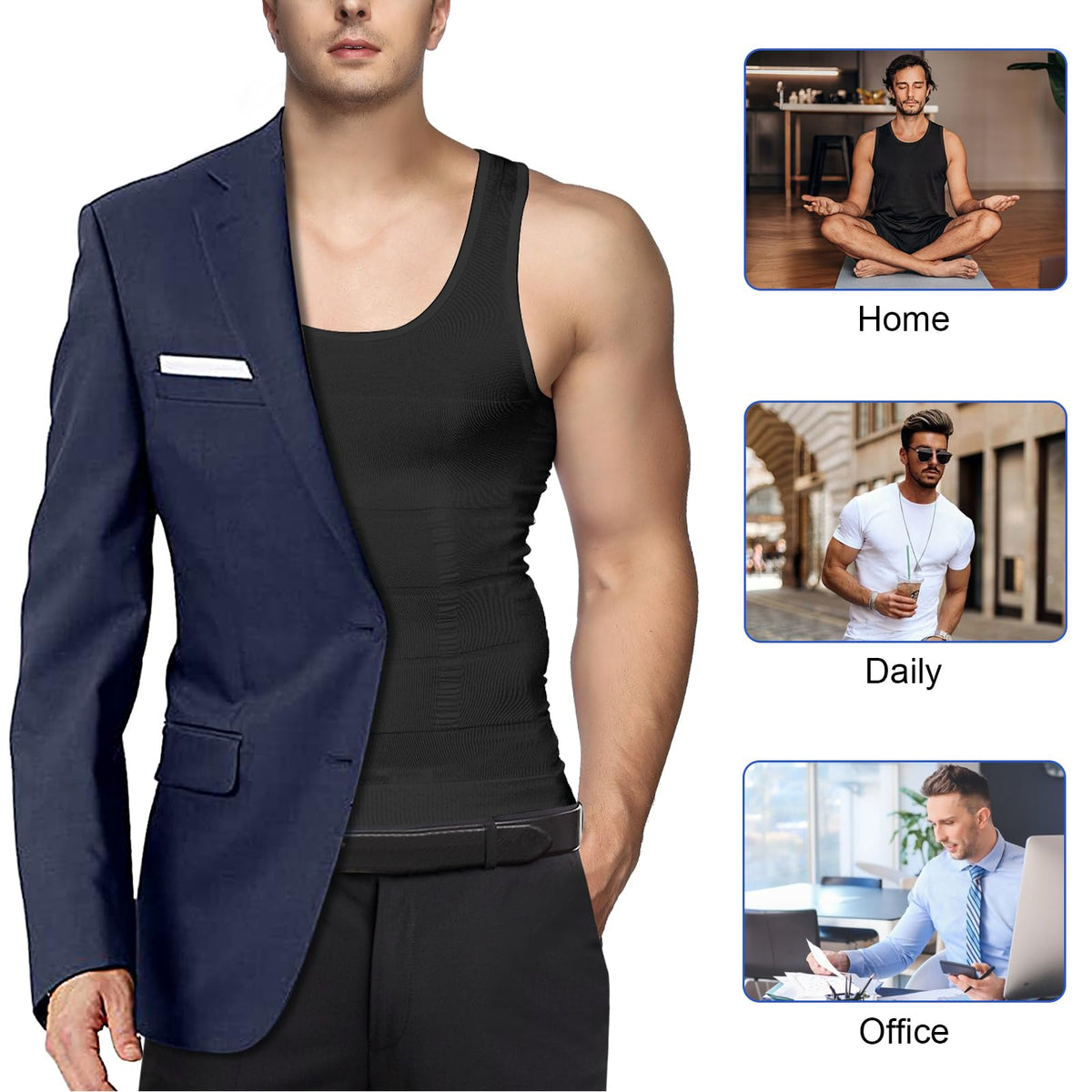 Odoland 5 Pack Men's Compression Shirt Short Sleeve Vest Set, Body Shaper Tummy Slimming Shapewear Tank Top Base Layer for Sport,1 Black/White/Grey Tank Top and 1 Black/White Short Sleeve,L