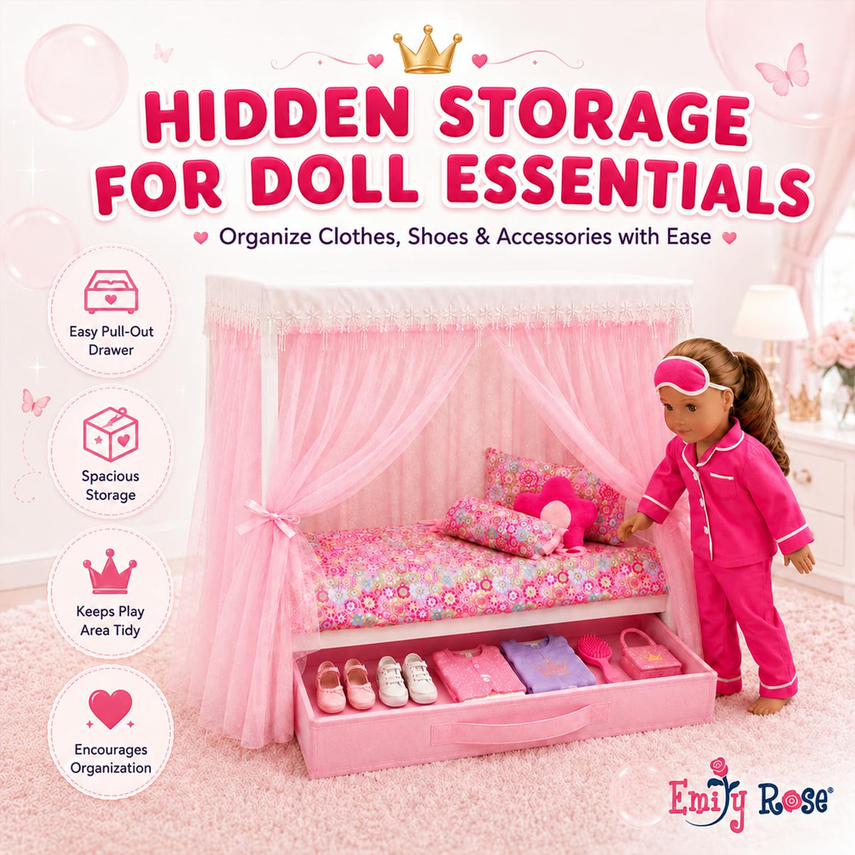 Emily Rose 18" Doll Princess Canopy Bed - White Wood with Pink Tulle Curtains, 5-PC Bedding Set & Storage Drawer - Fits American Girl Dolls - Royal Bedroom Furniture