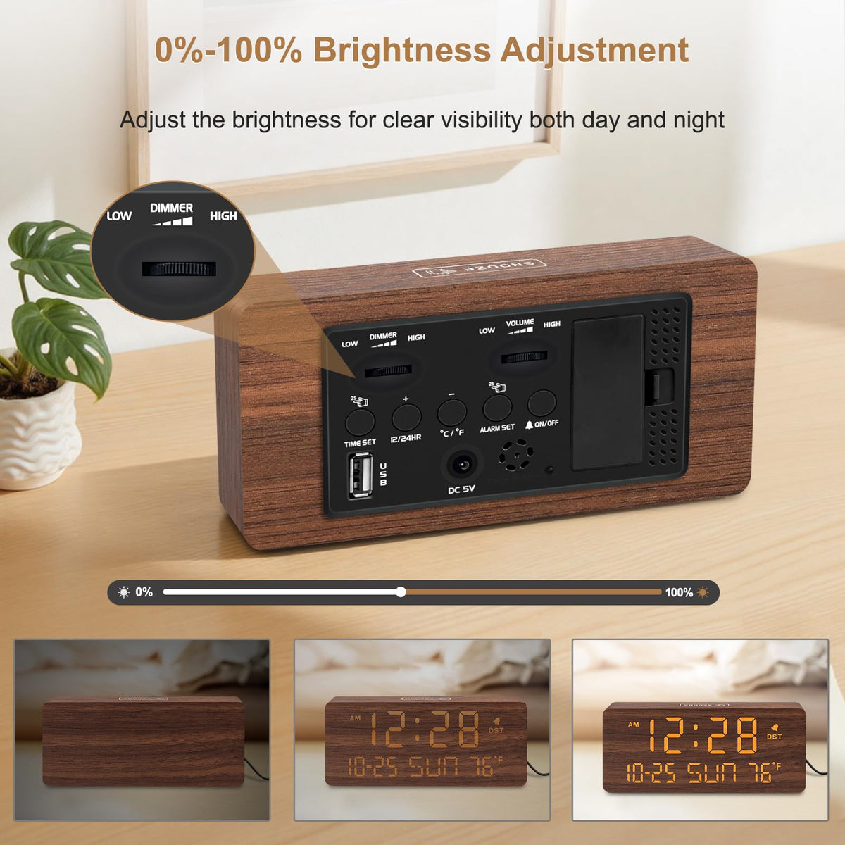 DreamSky Wooden Digital Alarm Clocks for Bedrooms - Living Room Desk Clock with Date and Day of Week, Temperature, USB Port, Dimmer Wheel, Adjustable Volume, Auto DST, Wood Decor for Office Table