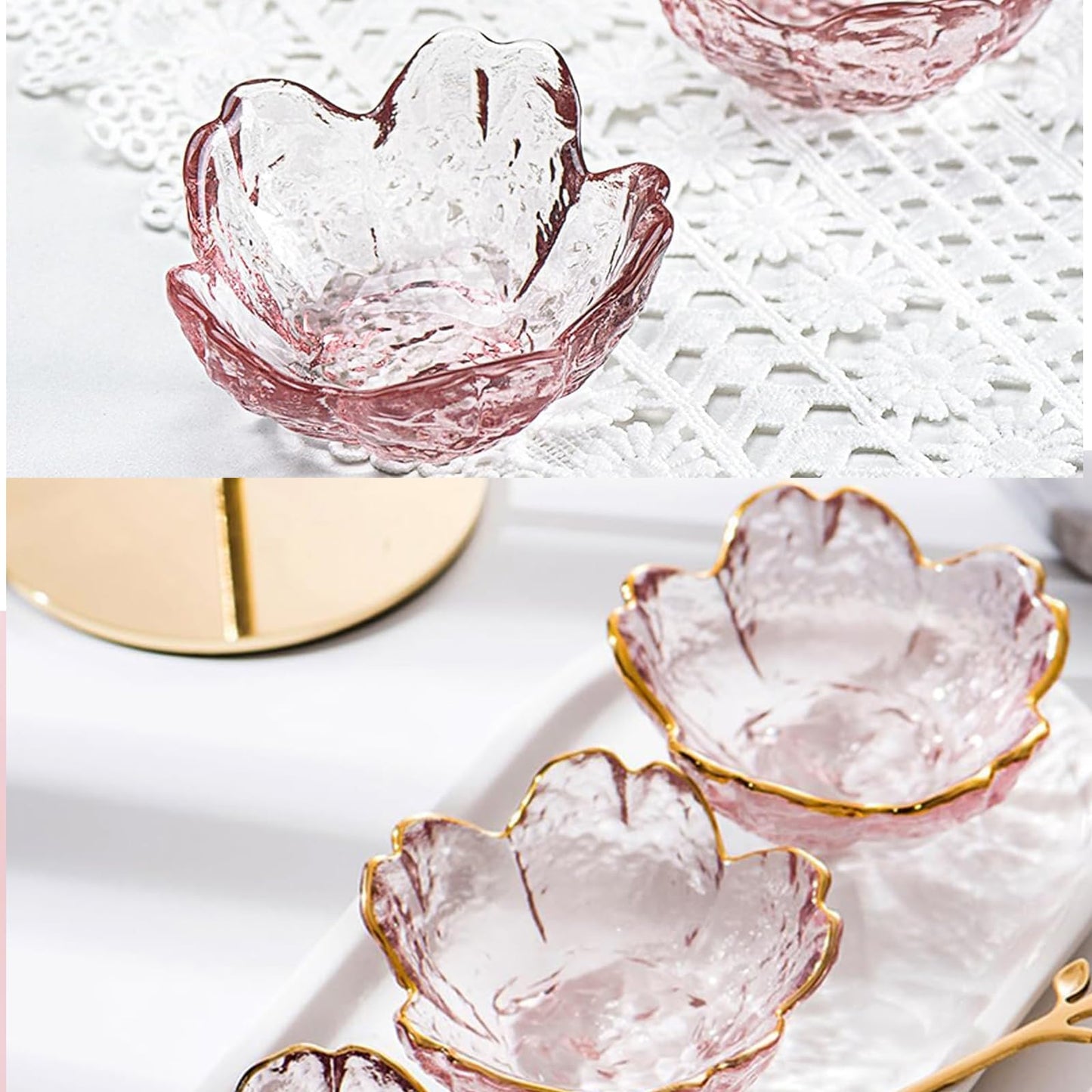 Seasoning bowls with gold rim,6 pcs Pink Cherry Flower Crystal Glass Appetizer Plates dipping bowls Small Glass Dish 3.26*1.42 inch ,6.2oz pink glass plates mini for charcuterie board (Phnom Penh)