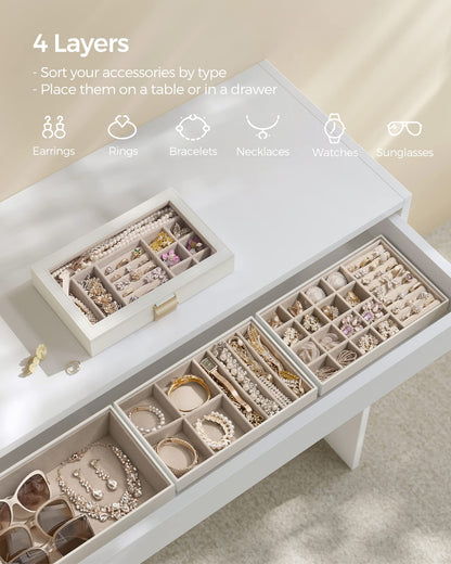 SONGMICS Stackable Jewellery Trays, 4-Tier Jewellery Box, Large Jewellery Case, Clear Glass Lid, 17 x 28 x 18.3 cm, for Dressing Table, Gift Idea, Cloud White JBC164W01