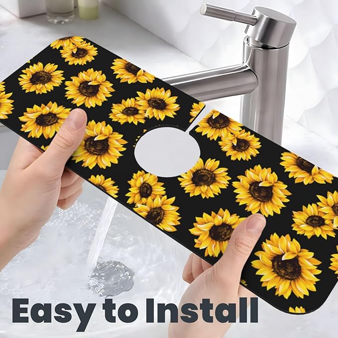 Sunflowers Black Vintage Paingting Kitchen Sink Splash Guard Faucet Mat 1 Pcs