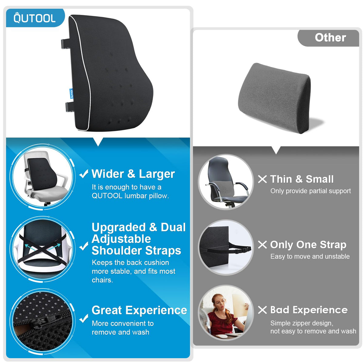 QUTOOL Lumbar Support Pillow for Office Chair,Office Home Essentials,Back Support Pillow for Car, Chair Cushions,Back Pain Relief Improve Posture,Mesh Cover Double Adjustable Straps