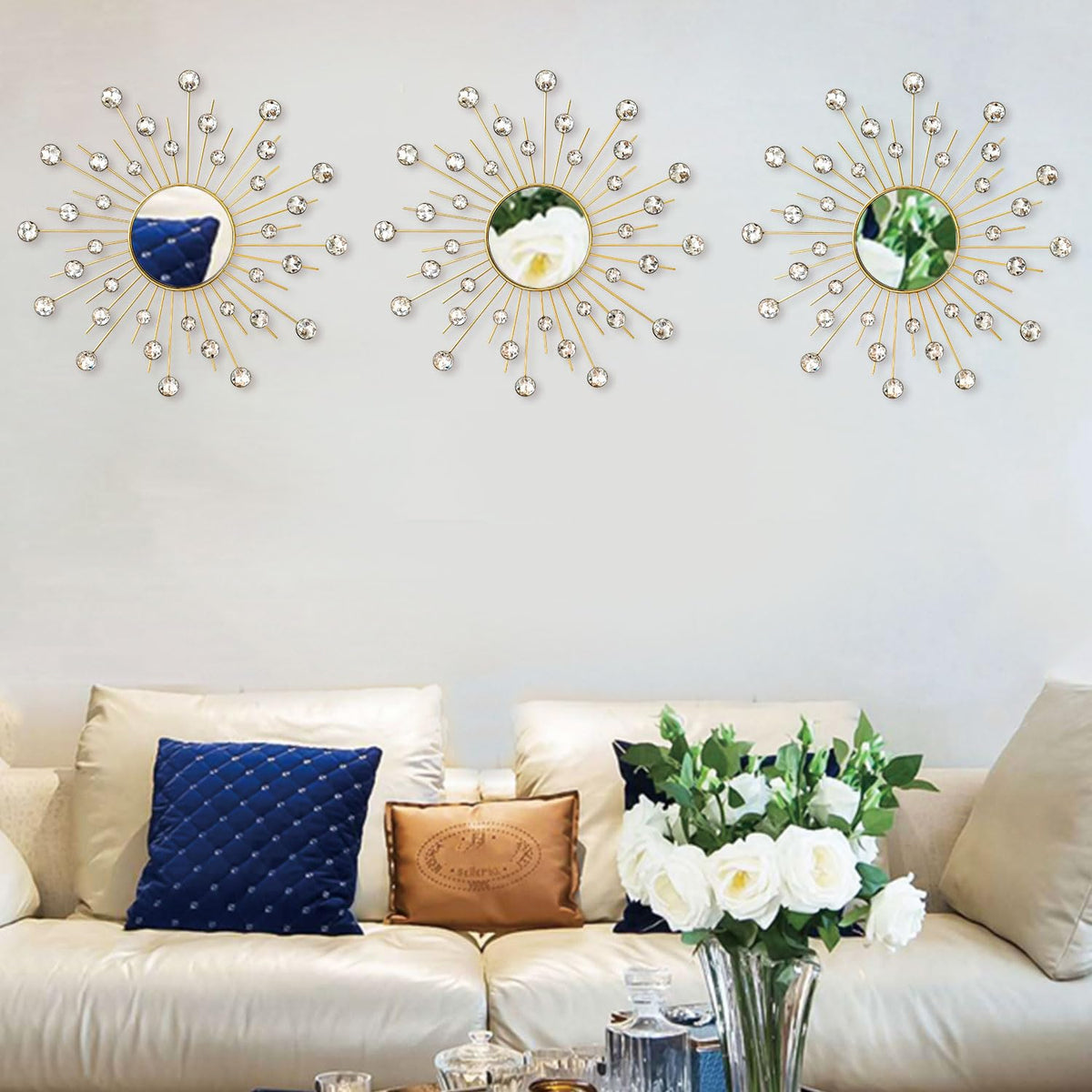 Uaussi 3 Pack Crystal Sunburst Wall Mirror Décor Rhinestone Mirrors Decorative Home Wall Art for Living Room Bedroom Entryway(Crystals Gold)