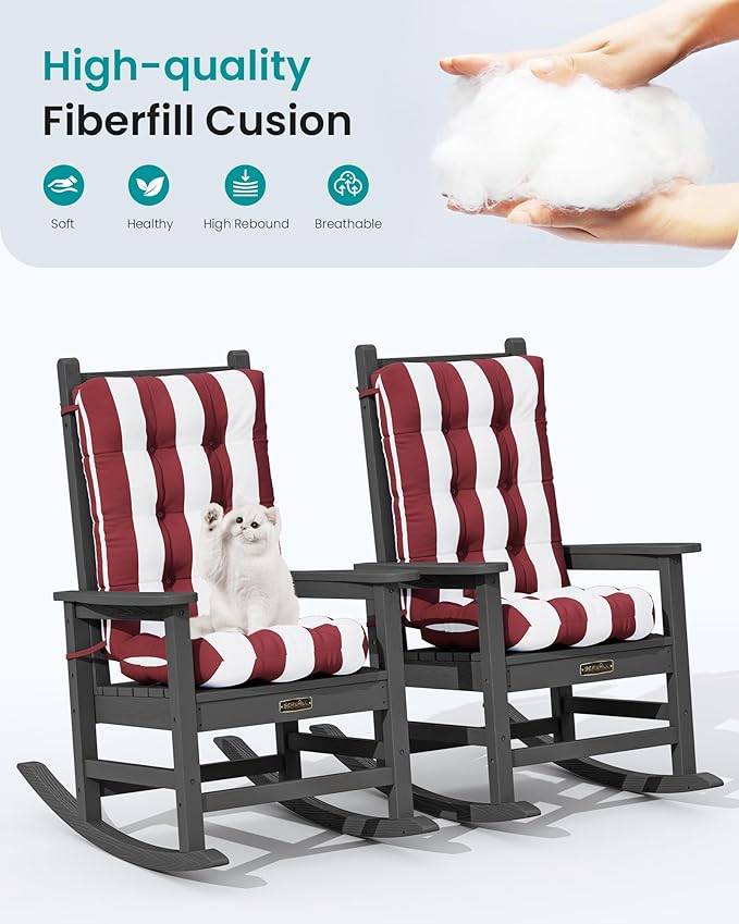 SERWALL HDPE Outdoor Rocking Chair Cushion Set of 2, Memory Foam Cushion Red White