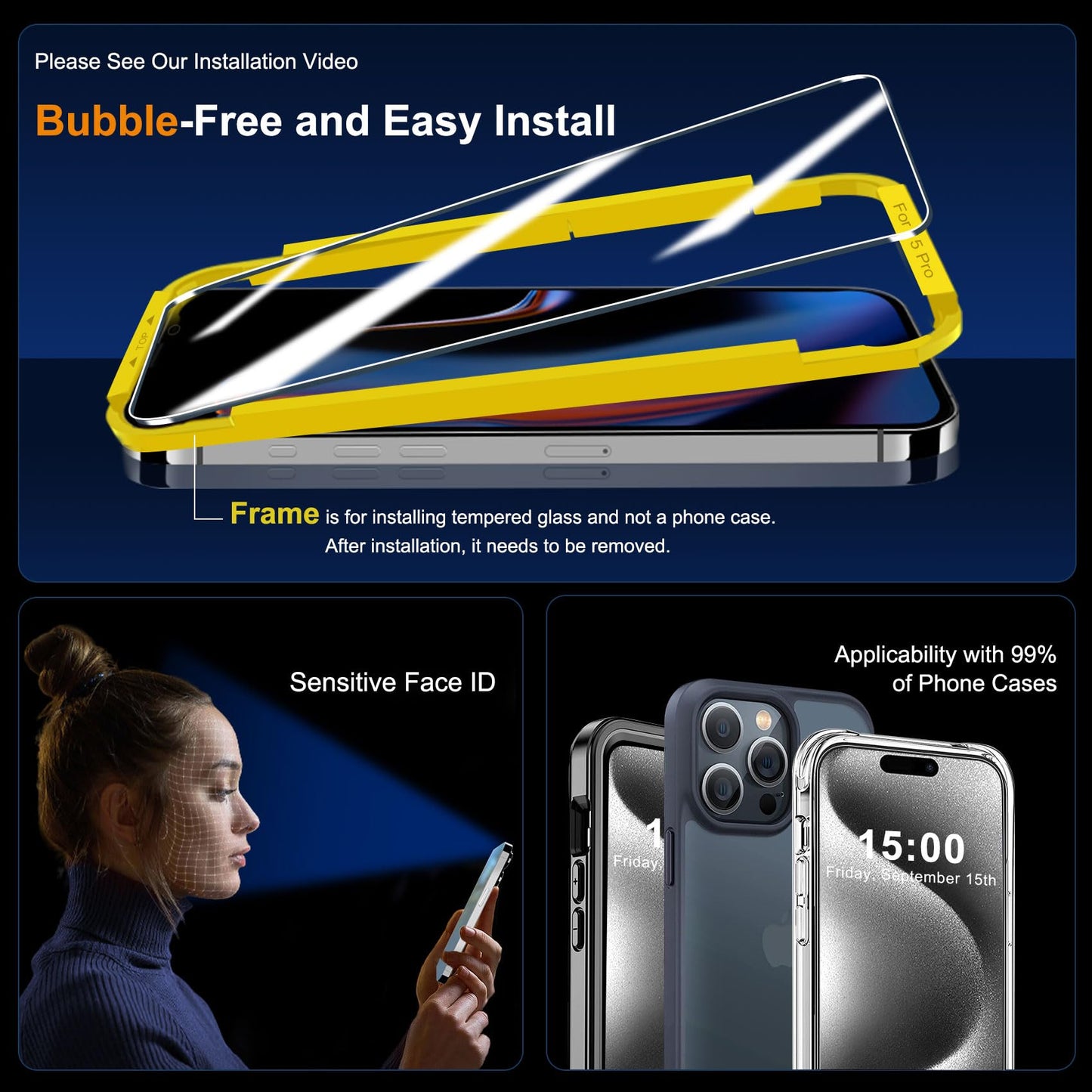 QHOHQ 3 Pack Screen Protector for iPhone 14 Pro 6.1 Inch with 3 Pack Tempered Glass Camera Lens Protector, Ultra HD, 9H Hardness, Scratch Resistant, Case Friendly