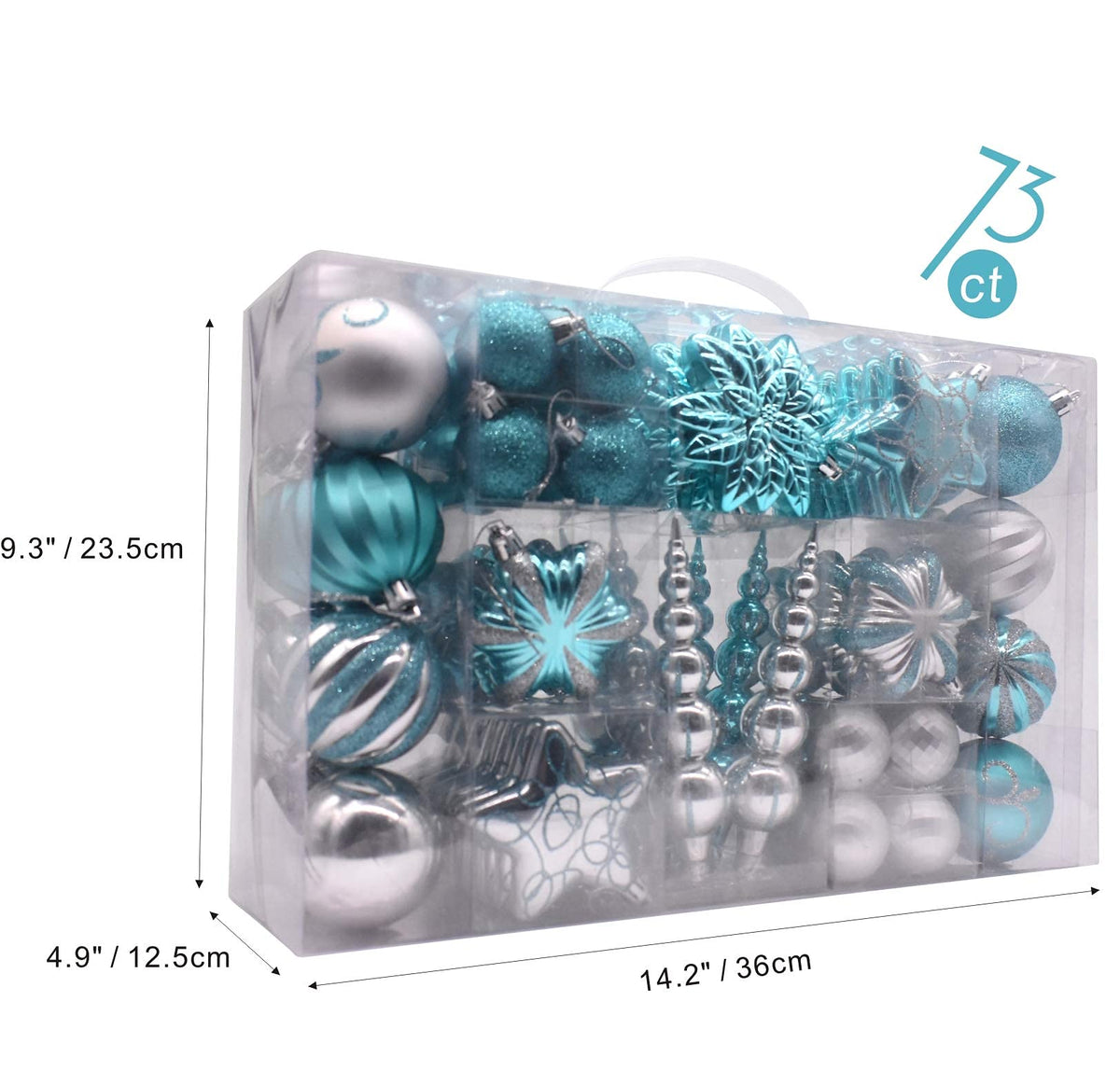 AUXO-FUN 73ct Assorted shatterproof Christmas Ornaments Luxury Collection Set in Reusable Hand-held Gift Package for Christmas Tree Decoration (Turquoise & Silver)