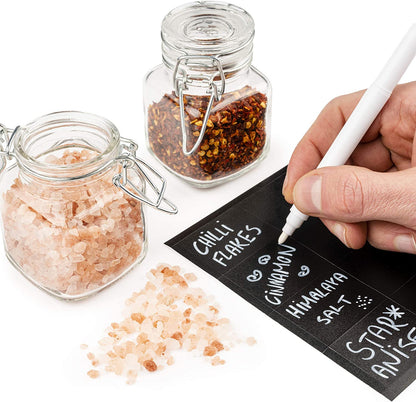 Oak & Steel - 24 Mini Clip Top Glass Spice Storage Jars - 100 ml Glass Canister Containers with Lids, 48 Labels and 2 Chalk Pen (8 x 5cm) - Perfect for Spice Storage, Jam, Honey, Gifting (24)…