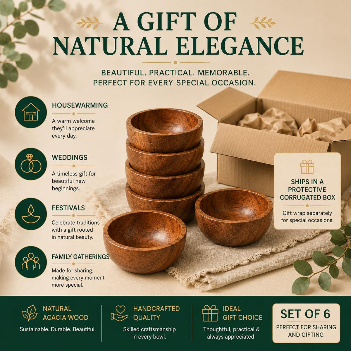 WEBHUSHI Acacia Wood Bowls: Handcrafted, Rustic, 6 Bowls of 3.75-inch, 0.25 liters Capacity Each