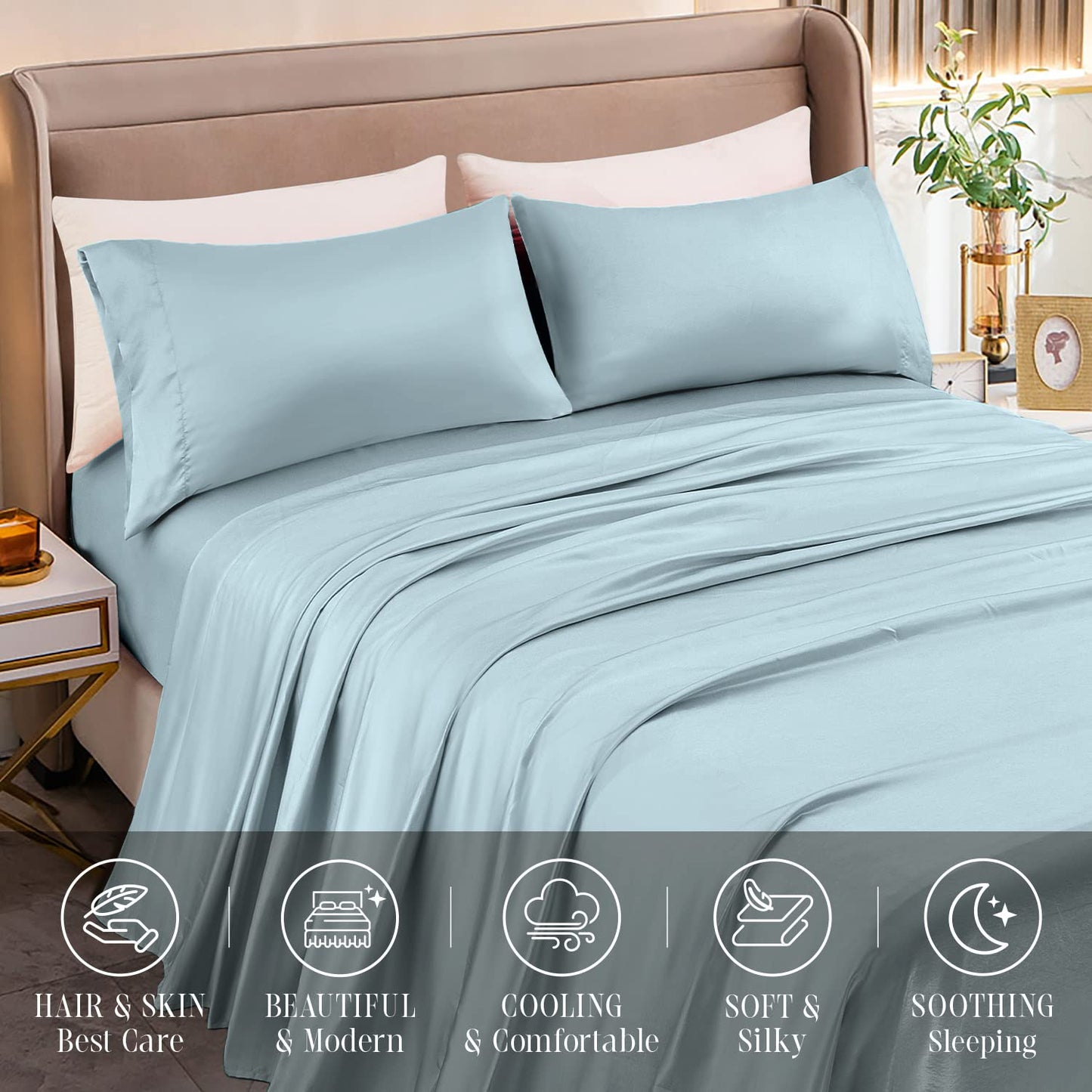 Elegant Comfort Luxurious 4-Piece Silky Satin Sheet Set, Skin and Hair Friendly, Wrinkle, Fade, Stain Resistant with Deep Pockets Fitted Sheet, Cooling Soft Satin Sheet Set, Twin XL, Baby Blue