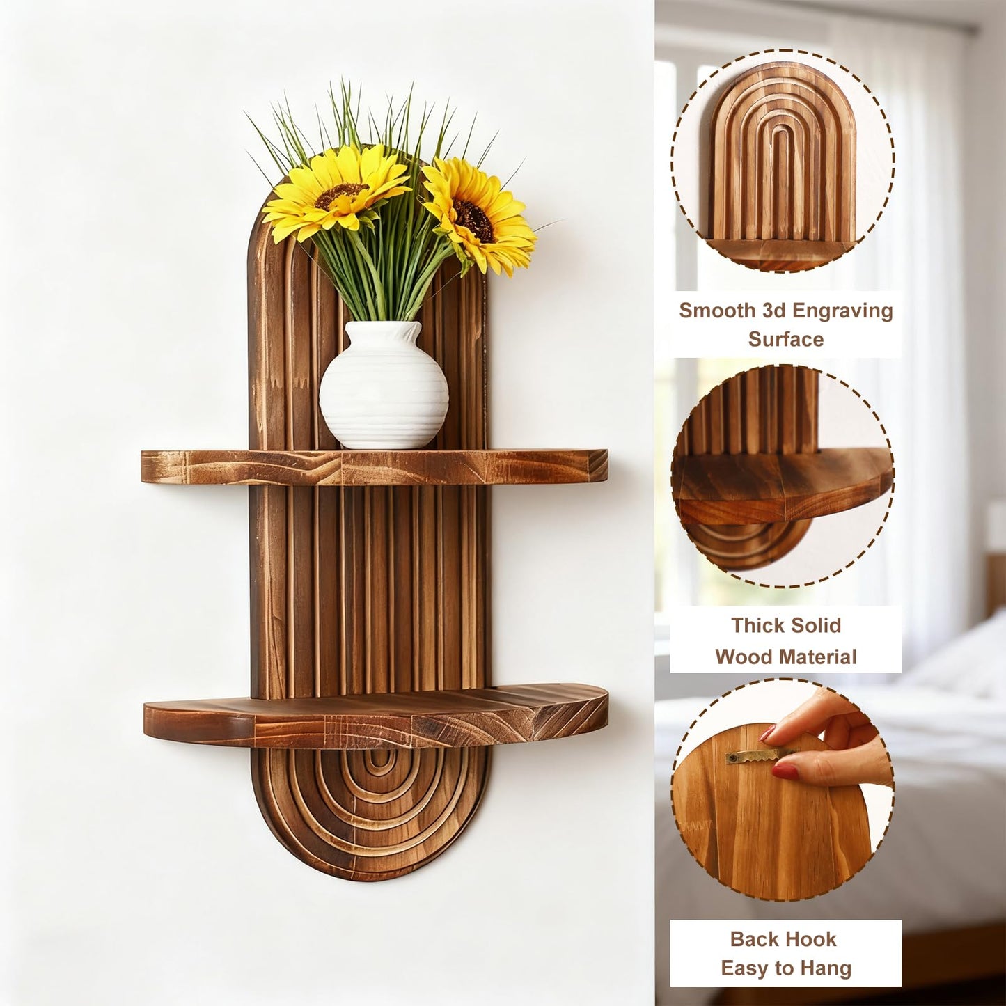 Artilady 2 Pack Shelf Wall Decor Boho Wood Floating Shelves 2 Tier Plant Holder Trinket Storage Rack Rainbow Hanging Decor for Home Bedroom Living Room Office Nursery