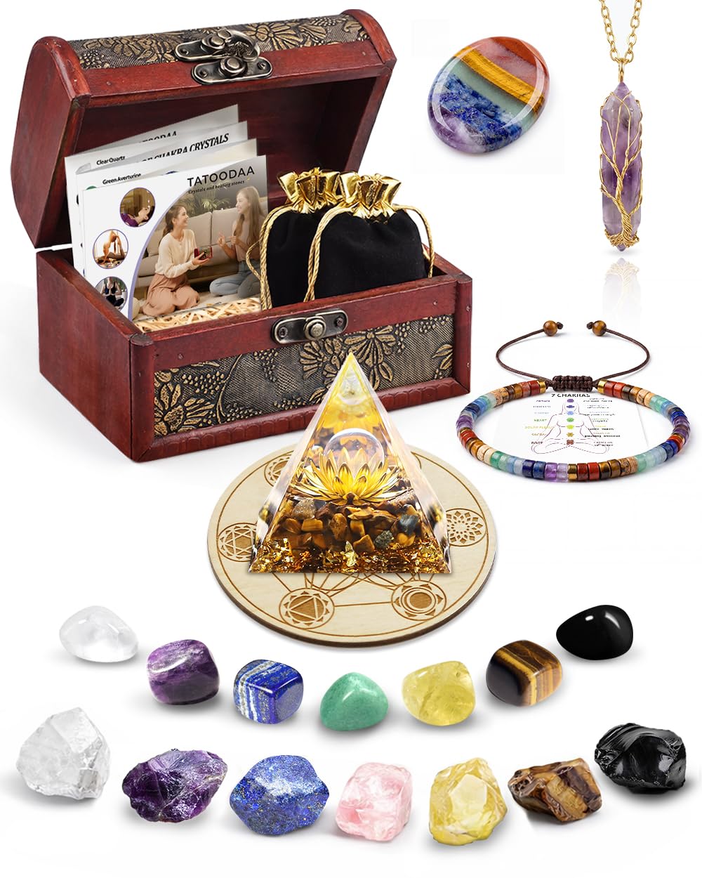 Crystals and Healing Stones Set - Chakra Crystals, Thumb Worry Stones, Golden Orgone Pyramid for Positive Energy - Flower of Life, Chakra Bracelets, 7 Chakra Stones Set, Birthday Gifts for Women