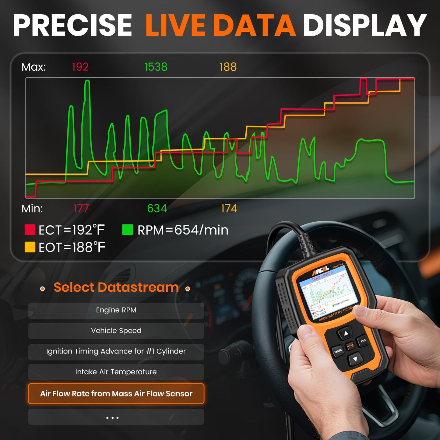 ANCEL AD410 PRO OBD2 Scanner and Battery Tester,2-in-1 Car Diagnostic Tool,Check Engine Light,EVAP Test,Live Data,6V/12V Battery Analyzer with Cranking & Charging System Test for Car Motorcycle