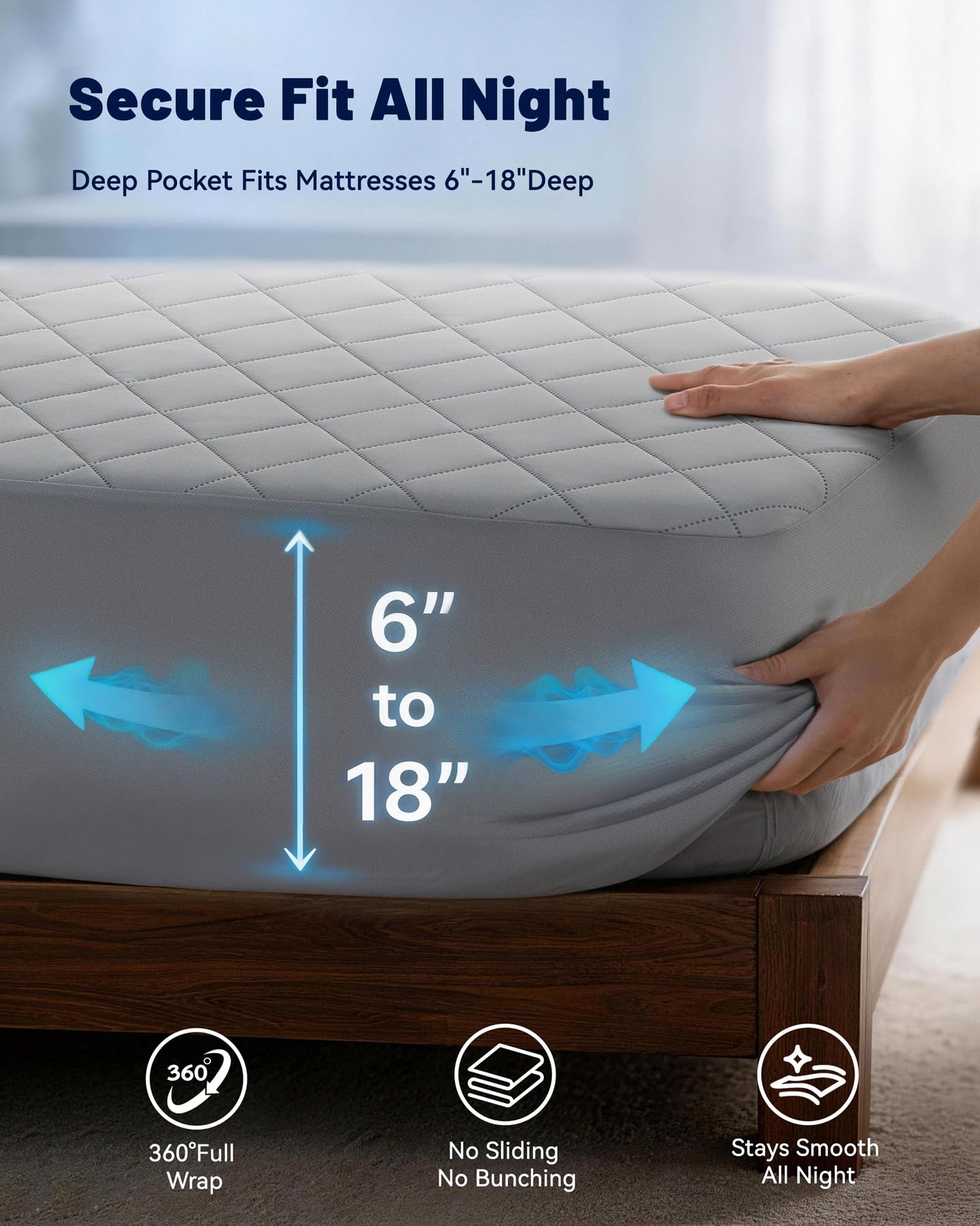 Welfibr Cooling Mattress Pad for Hot Sleepers Noiseless Mattress Protector Bed Cooling Pad 3 x Breathable Mattress Topper Q-Max 0.45 Cool Touch, 3D Mesh Deep Pocket Bed Cooling Cover Grey Queen