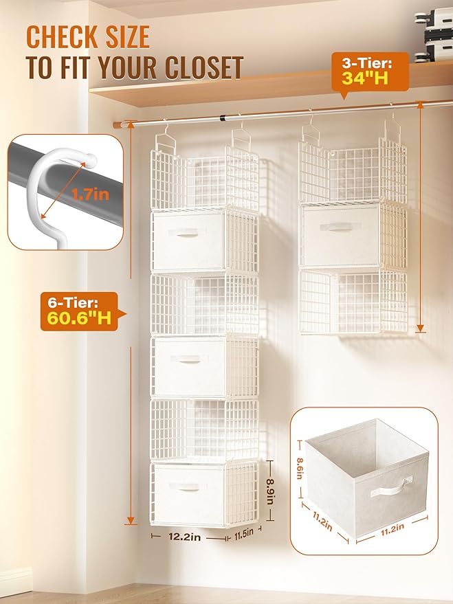 Closet Hanging Organizer with Drawers, 6 Tier Metal Closet Organizers and