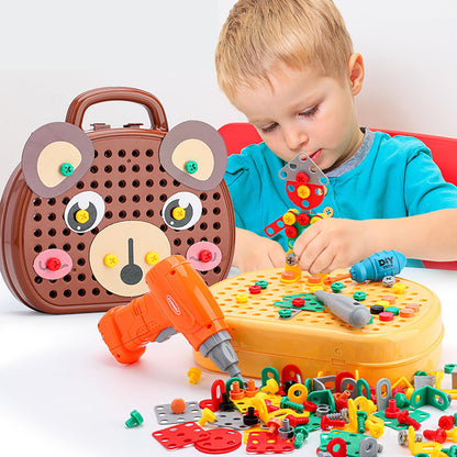 Magic Montessori Play Toolbox with Drill, 203Pcs Magic Montessori Play Toolbox Bear-Themed, 2D/3D Creativity Tool Box Montessori Toys Gift for Age 3-12 Years Old Boys Kids, Girls