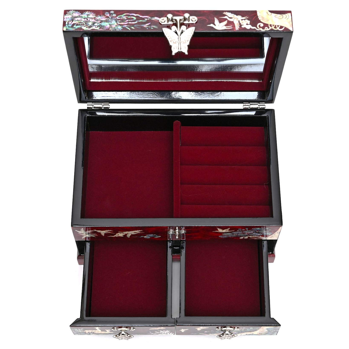 MADDesign Mother of Pearl Lacquered Jewelry Box Two Level Cranes (Red)