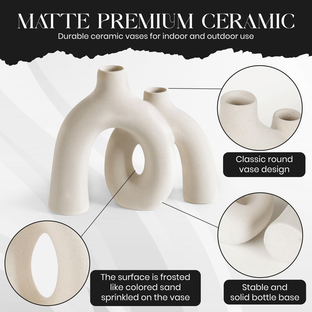 Ceramic Hug Vase (Creamy White) Modern Donut Style Hugging Vases for Flowers Minimalist Decor – Hollow Ceramic Waterproof Home Decor Vases for Living Room, Bed Room, Book Shelf, Entryway, Table