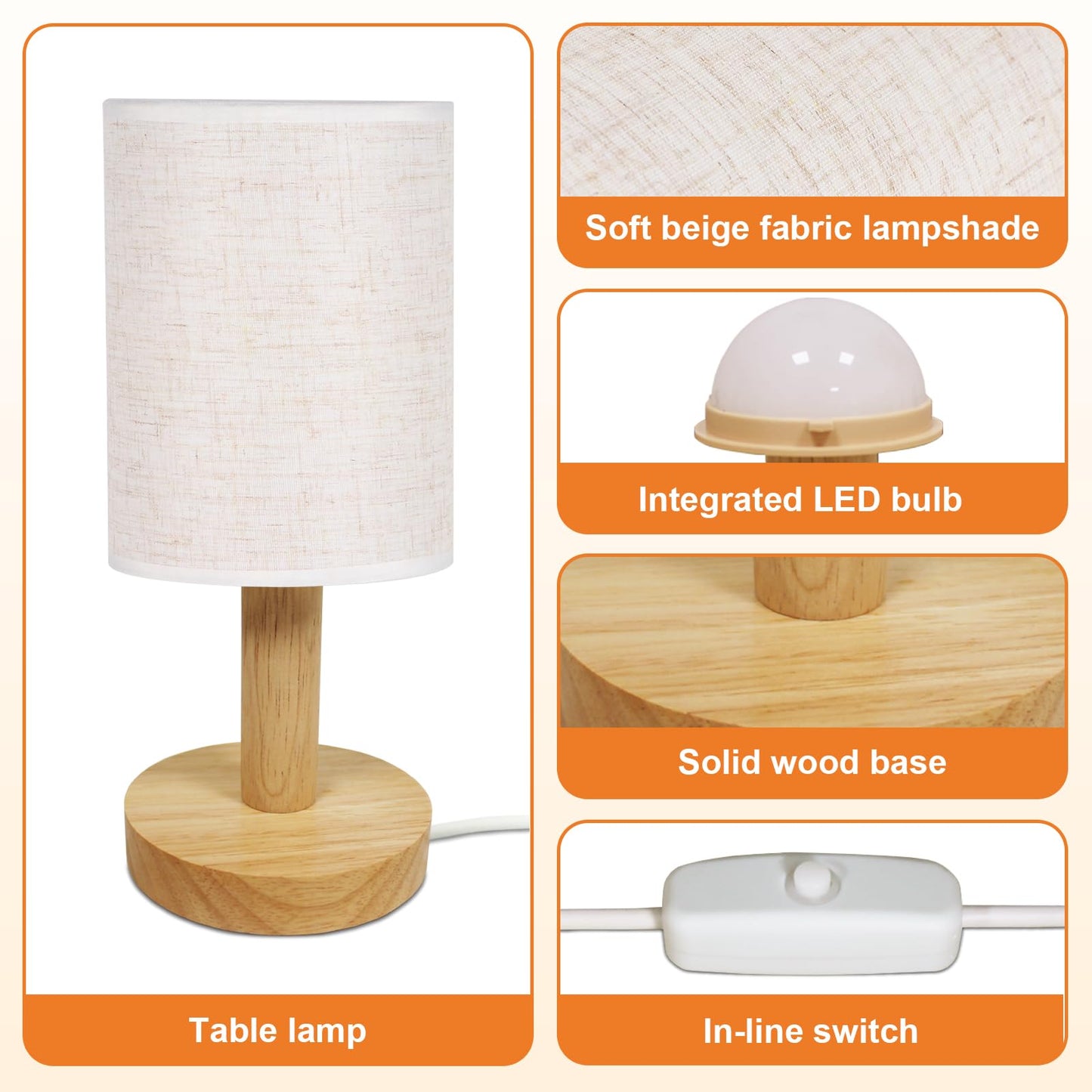 Puzipha Small Bedside Table Lamp with USB Powered, Minimalist Rustic Wood Base &Linen Shade, 2700K Warm Eye-Care Night Light, Farmhouse Boho Nightstand Lamp for Bedroom Dorm Nursery Kids Room Kitchen