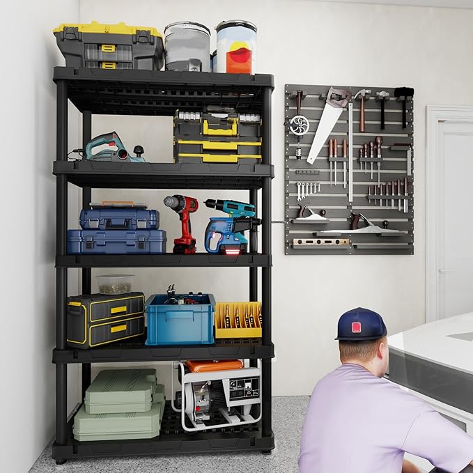 Plastic Storage Shelves, Plastic Heavy Duty Shelves 16.93" D x 35.43" W x 72.44" H,5-Tier Garage Storage Shelving, Shelving Units and Storage