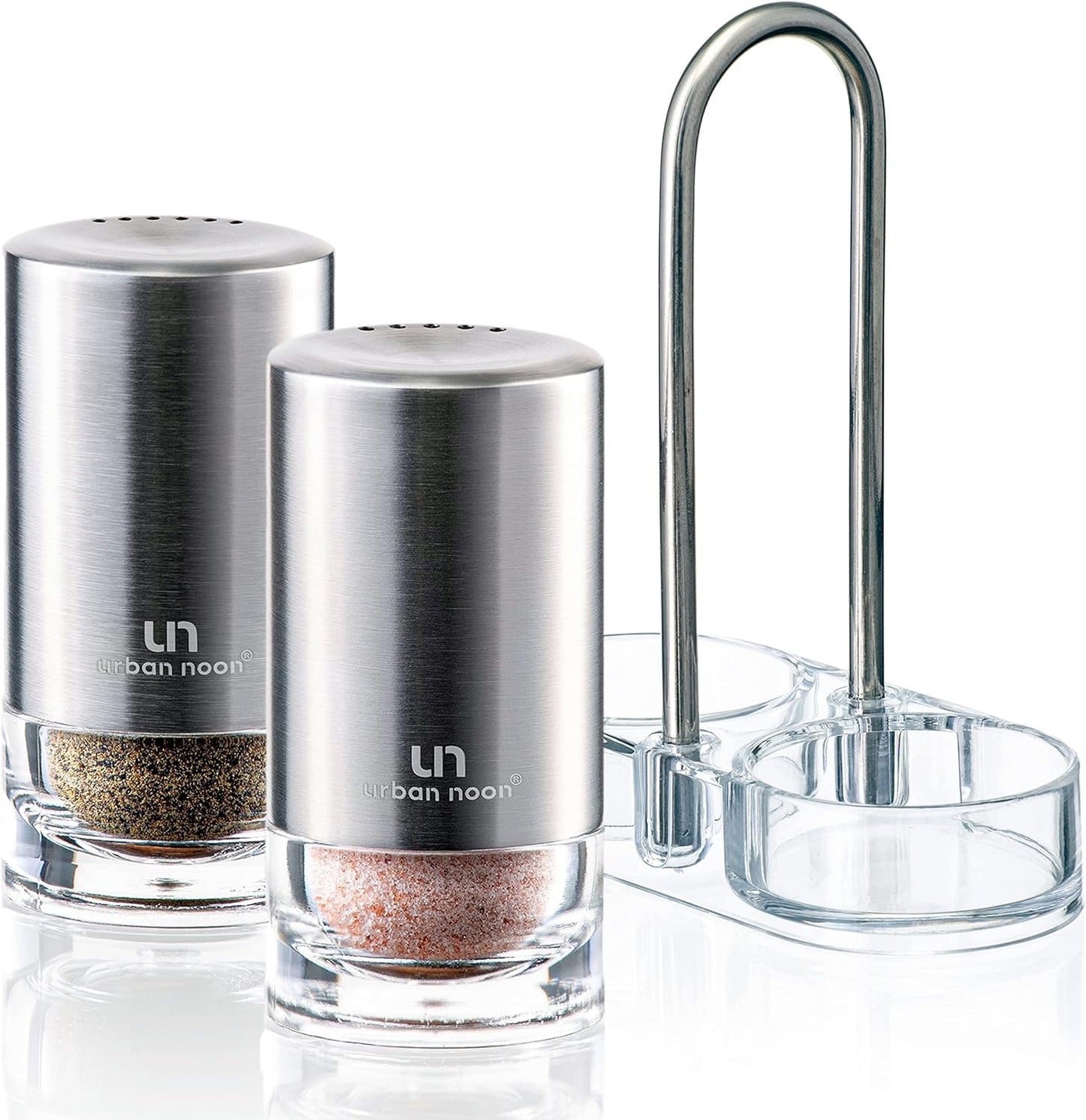 White Salt and Pepper Shakers with Holder - Elegant Stainless Steel Salt Shaker and Pepper Shaker Set with Acrylic Holder for Kitchen Counter or Restaurant Table