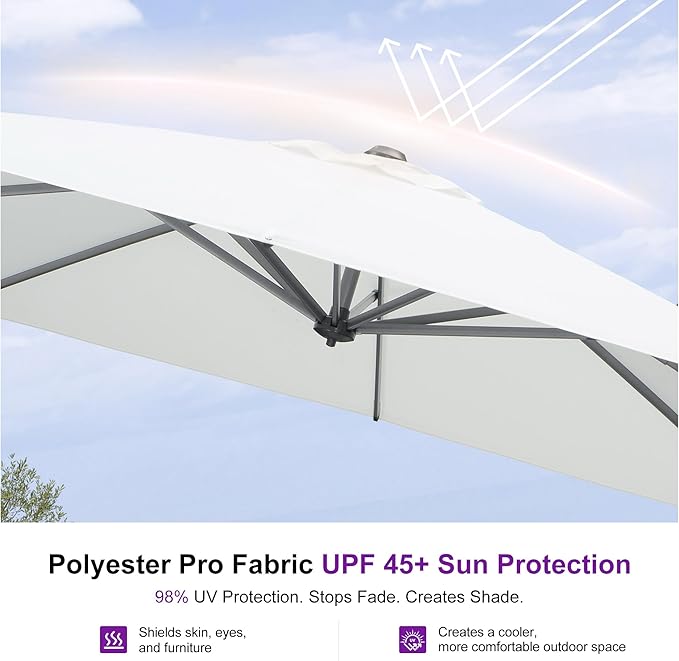 PURPLE LEAF 9'×9' Patio Umbrella with Base Outdoor Cantilever Umbrella with Cover Aluminum Square Offset Umbrella with 360-degree Rotation for Deck Pool Garden White