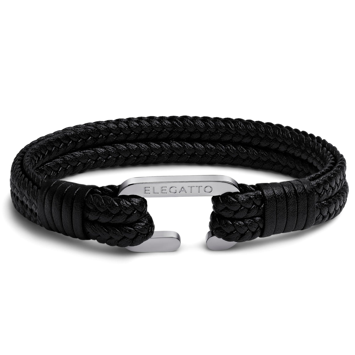 Elegatto Meraki Premium Double Braided Leather Bracelet for Men | Full-Grain Leather with Silver Polished Stainless Steel C-Clasp | Men’s Designer Bracelets