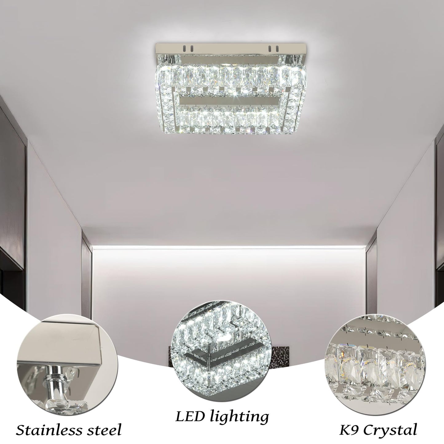 Finktonglan Modern Crystal Flush Mount Ceiling Light, 11.8" Rectangular LED Ceiling Fixture with Multi-Faceted Crystal Prisms, Cool White, 18W Low Profile for Bedroom Hallway Entryway