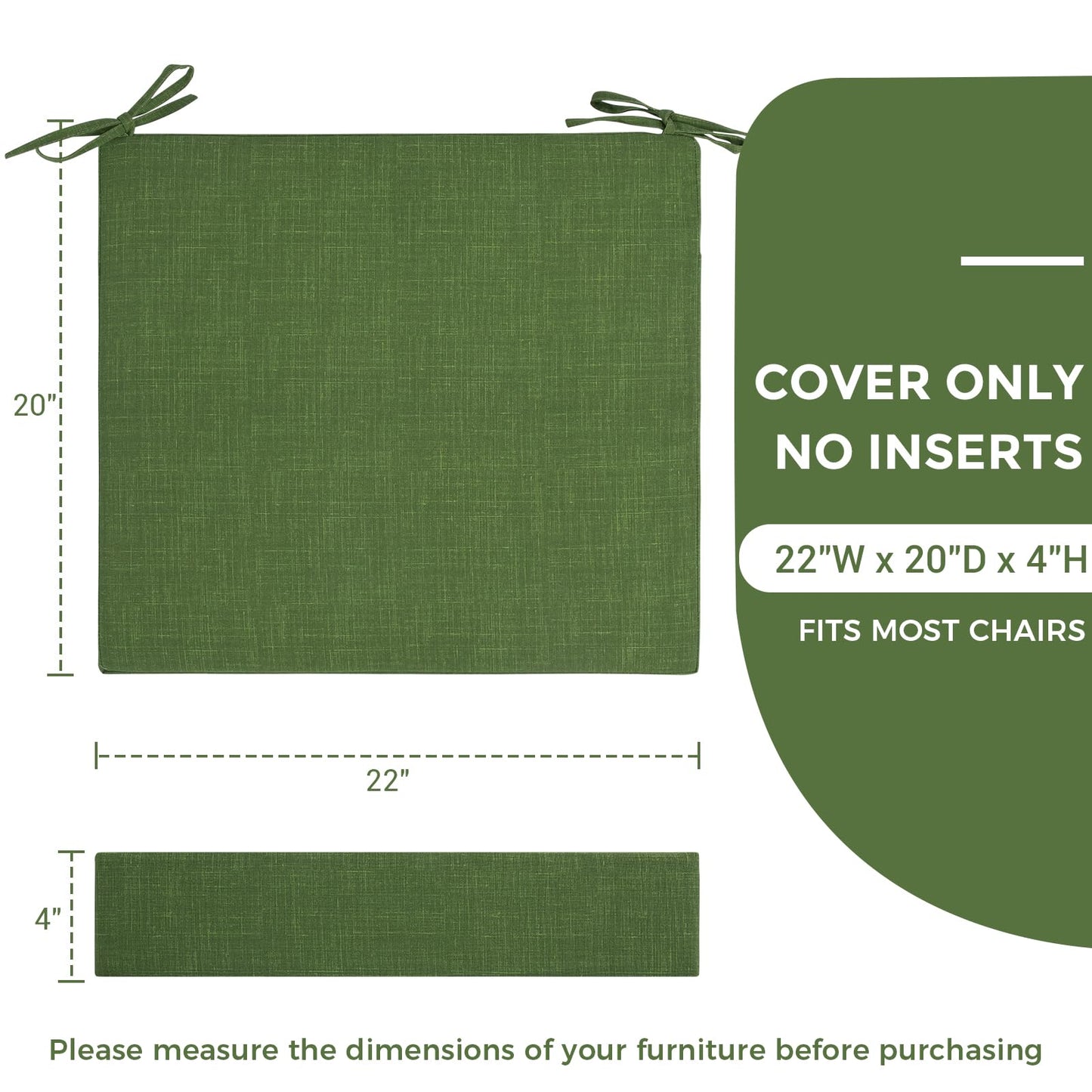 IN4 Care Patio Cushion Covers with Ties, 2 Pack, Outdoor Water Resistant Deep Seat Chair Cushion Slipcover 22x20x4 Inch for Garden Couch Sofa (Replacement Cover Only)-Tropical Linen Green