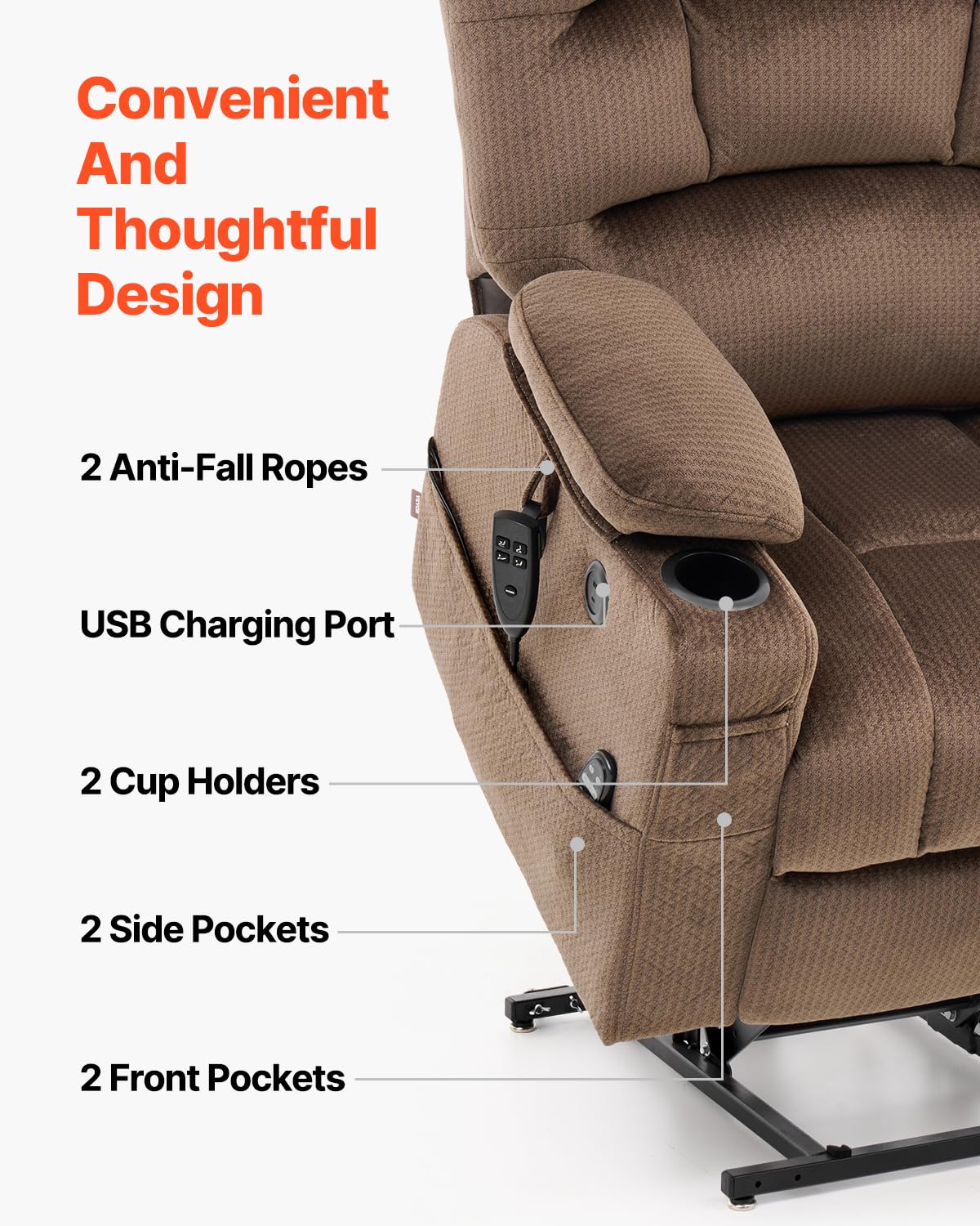 VEVOR Power Lift Recliner Chair, Dual Motor Lift Chair with Heat and Massage for Elderly, 2 Cup Holders and USB Port Infinite Position Adjustment Electric Recliner (Large, Brown)