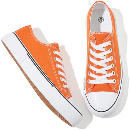Adokoo Canvas Tennis Shoes for Women Low Top Casual White Black Sneakers for Women Lace Up Fashion Comfortable Walking Shoes (Orange,7)