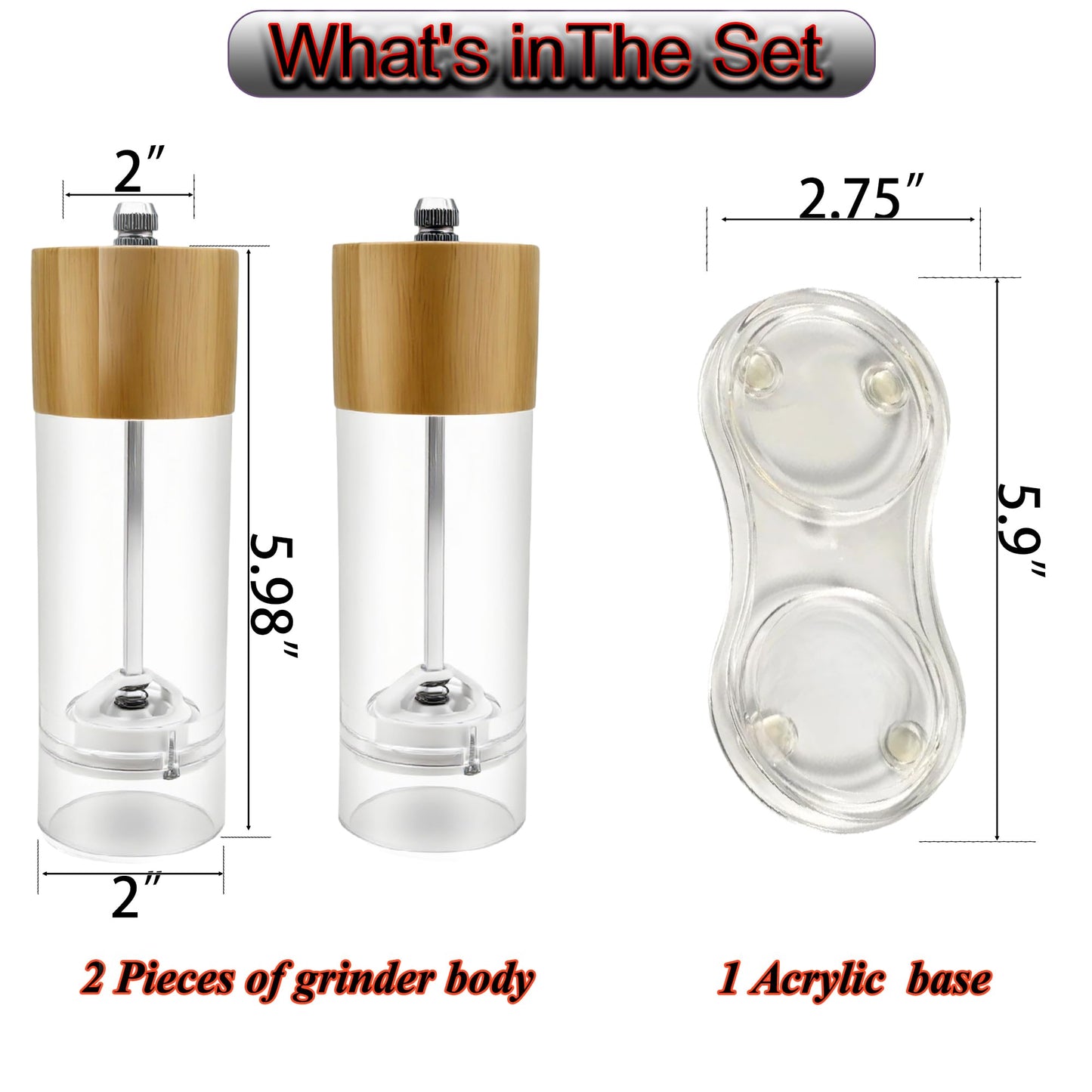 2 Pack 6'' Acrylic Salt and Pepper Grinder Set with Wood Base, Manual Pepper and Salt Mills with Adjustable Ceramic Core (Oak Wood)