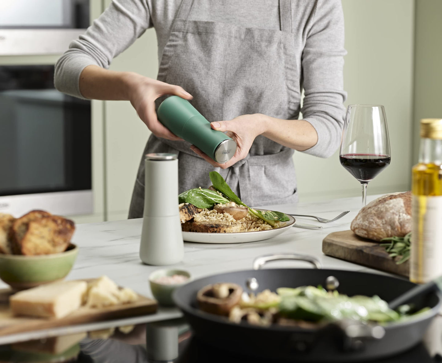 Joseph Joseph Milltop Non-Spill Salt and Pepper Mill Set Refillable with Ceramic Grinding, Sage Green, 8