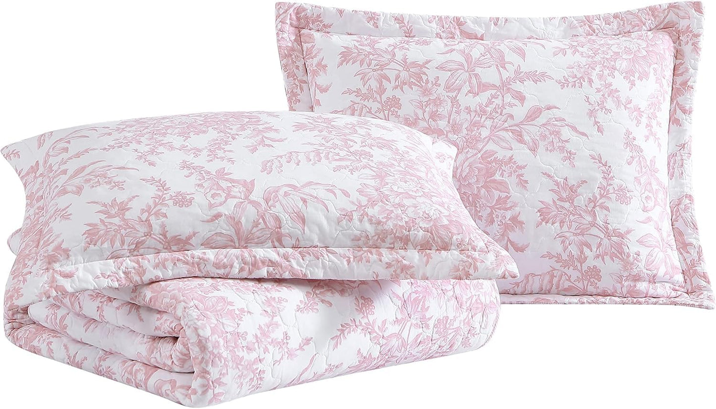 Laura Ashley - Queen Quilt Set, 100% Cotton Cover with Cotton Blend Fill, Prewashed for Softness, Reversible Floral Bedding with Matching Shams (Pink)