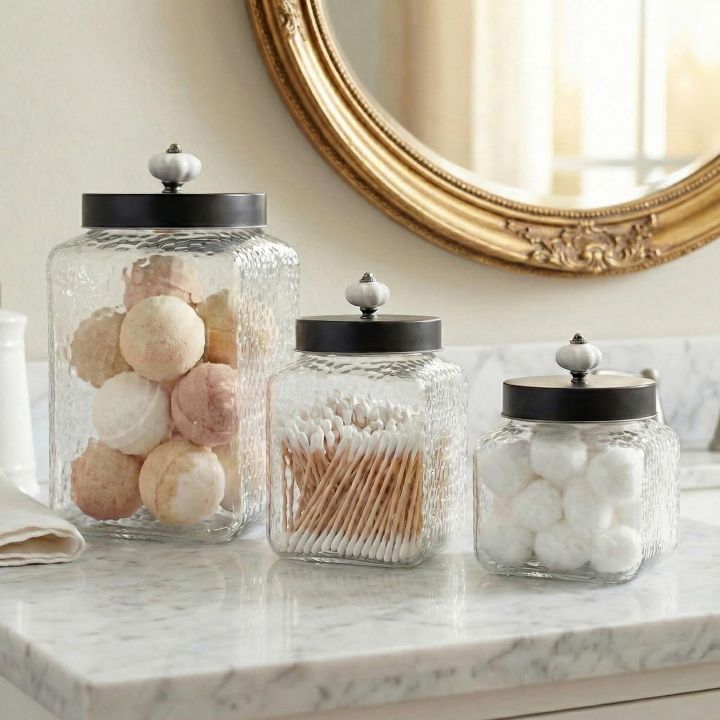 Style Setter Square Canister Set 3-Piece Glass Jars in 43, 64 and 75 ounces Chic Retro Design with Airtight Stainless Steel Lids for Cookies, Candy, Hammered