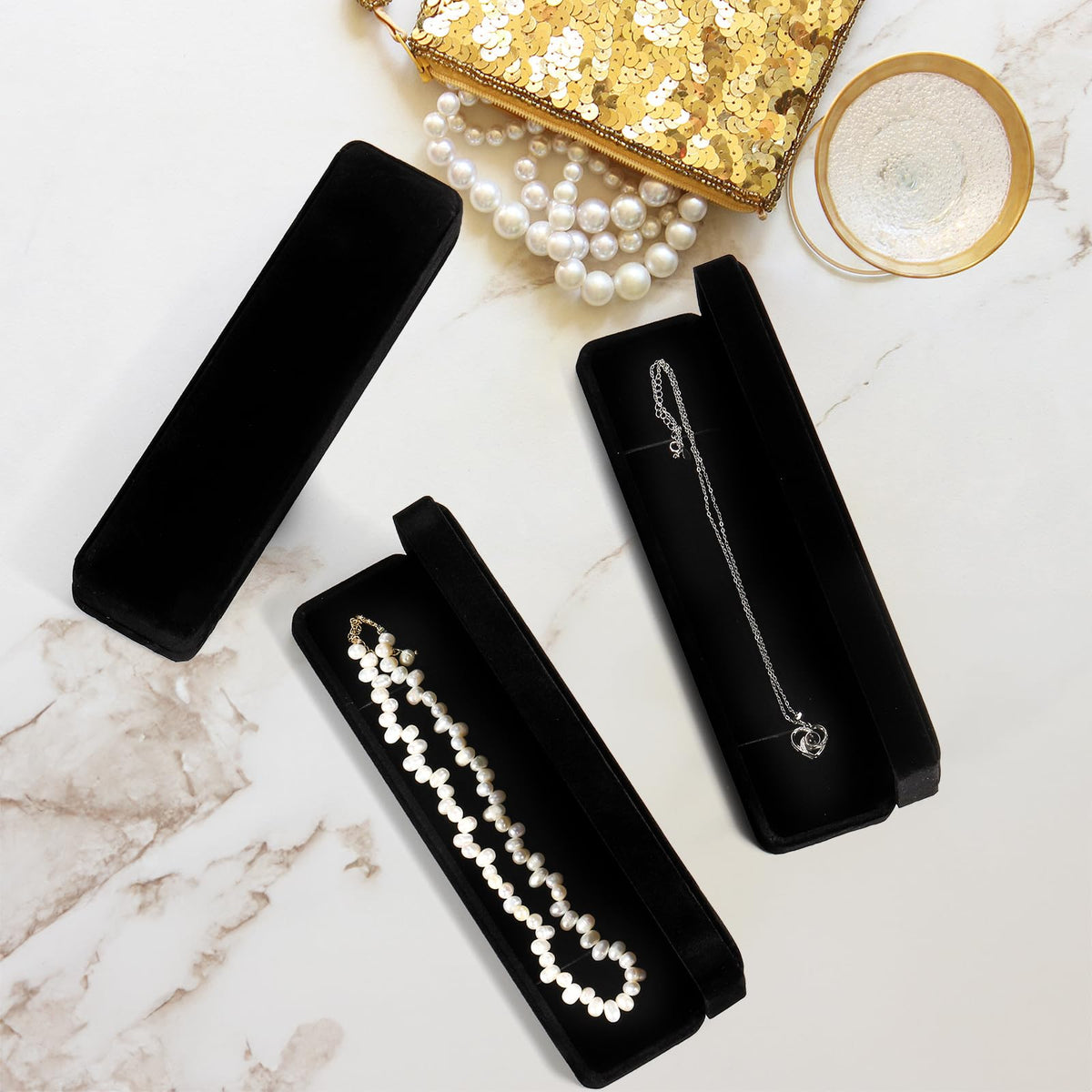 Fasmov 8 Pieces Long Velvet Jewelry Chain Necklace Gift Box Set, Black Velvet Jewelry Boxes Jewelry Present Boxes, Necklace Storage Case for Wedding Engagement Christmas Anniversaries Birthday