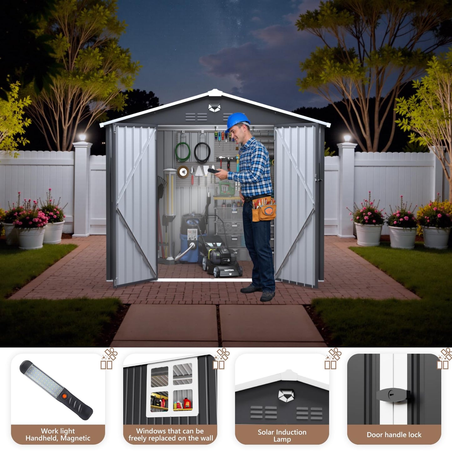 Softkiss 8x6 FT Outdoor Storage Shed, Metal Garden Shed - Tool Storage Sheds with Lockable Doors & 1 Clear Window, Waterproof Outside Storage Building for Backyard, Patio (Black; Floor Not Included)
