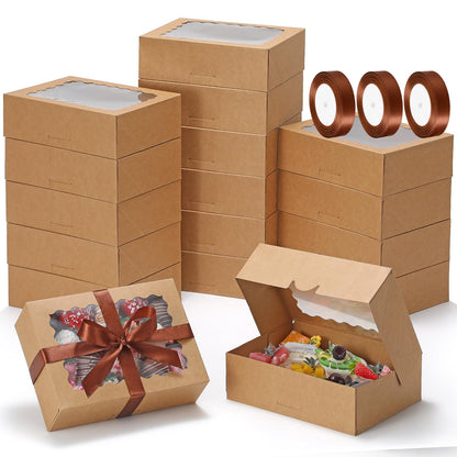 COTOPHER Auto Pop Up Cookie Box with Window 8x6x2.5 Inches – 50 Pack Brown Bakery Boxes with Ribbon for Birthday Party Favors, Wedding, Christmas Gift Packaging for Cookies, Candy, Macarons