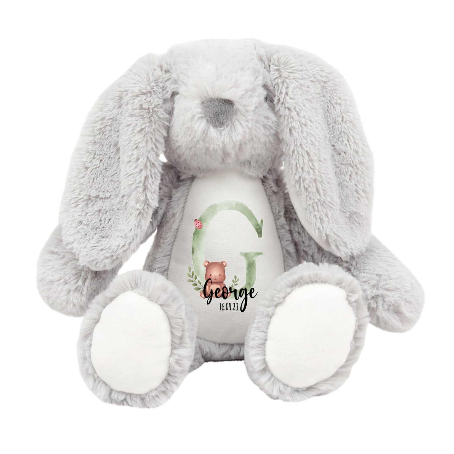 Crafted Memories - Personalised Teddy | Velveteen Bunny Soft Toy | Customisable Name for Newborns | Keepsake for Boys & Girls | Baby Shower Item | Green Initial | Grey or White, 20-23cm