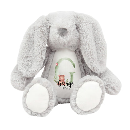 Crafted Memories - Personalised Teddy | Velveteen Bunny Soft Toy | Customisable Name for Newborns | Keepsake for Boys & Girls | Baby Shower Item | Green Initial | Grey or White, 20-23cm