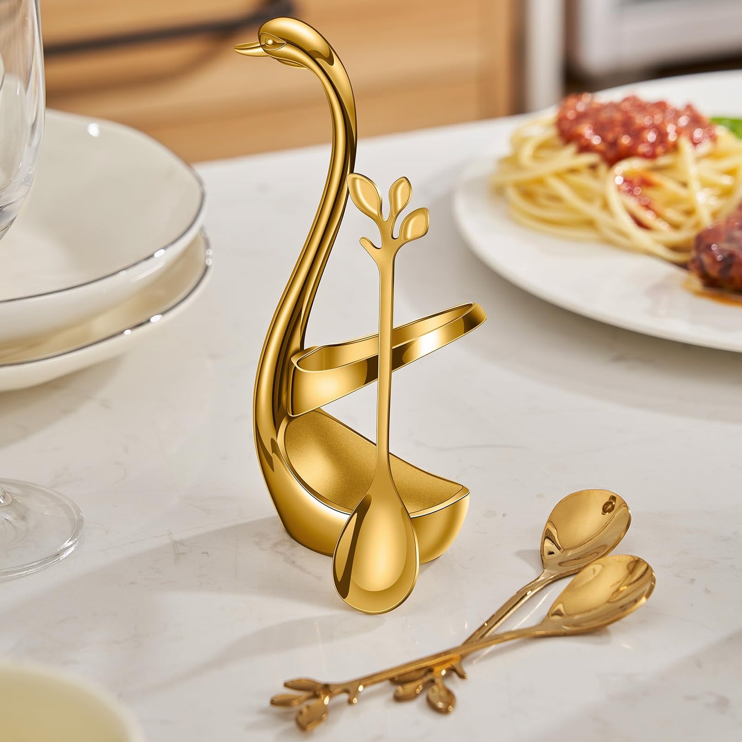 AnSaw Gold Swan Base With 10-Pcs Mini Leaf Coffee Spoon Holder Set - 4.7"