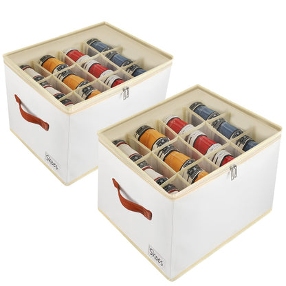 Patinao 2 Pack Shoe Storage Box Organizer for Closet - 24 Cell Space Saver Shoes Containers Bin with Clear Lids Stackable, Can Fit Ottoman, Foldable Shoe Rack Cabinet Cubby for Wardrobe