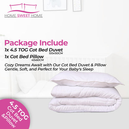 Home Sweet Home UK Toddler Cot Bed Duvet And Pillow Set - 100% Microfiber Anti Allergy 4.5 Tog Junior Baby Duvet And Pillow - Toddler Bedding Cot Bed Set 120 x 150 cm