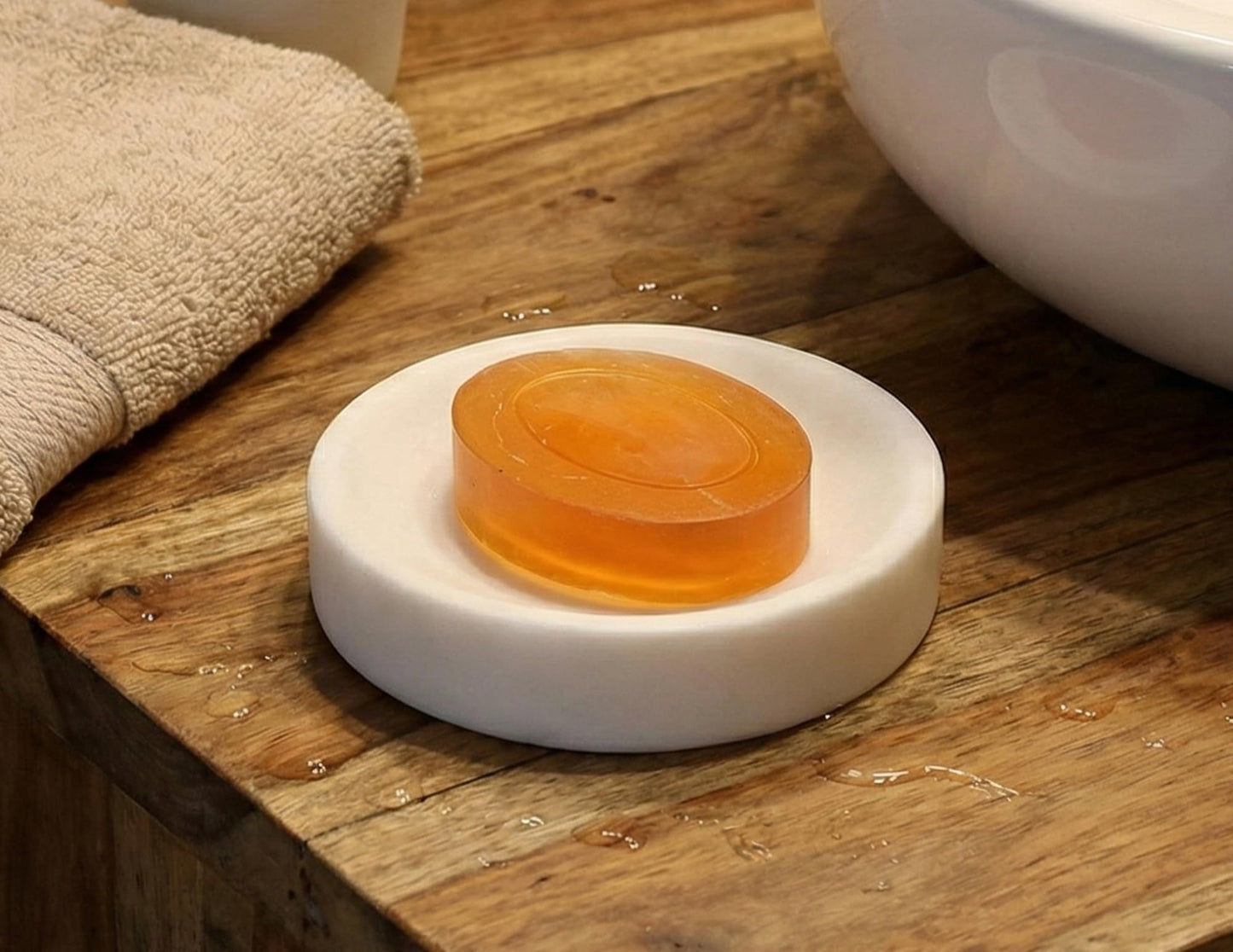 KLEO Soap Dish - Round Design | Natural White Marble Stone | Soap Holder | Soap Tray | Soap Case | Luxury Bath Accessories