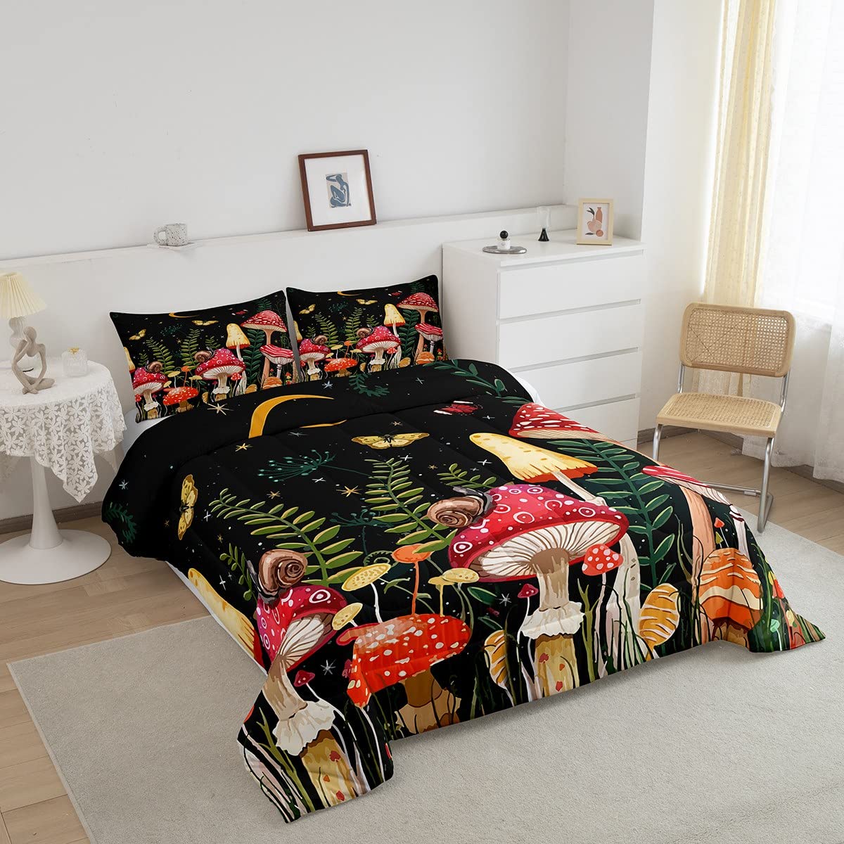 Feelyou Kids Mushroom Bedding Set Natural Wild Fungus Comforter Set for Kids Boys Girls Botanical Plants Duvet Set Butterfly Comforter 1 Comforter Set with 2 Pillowcases Full Size