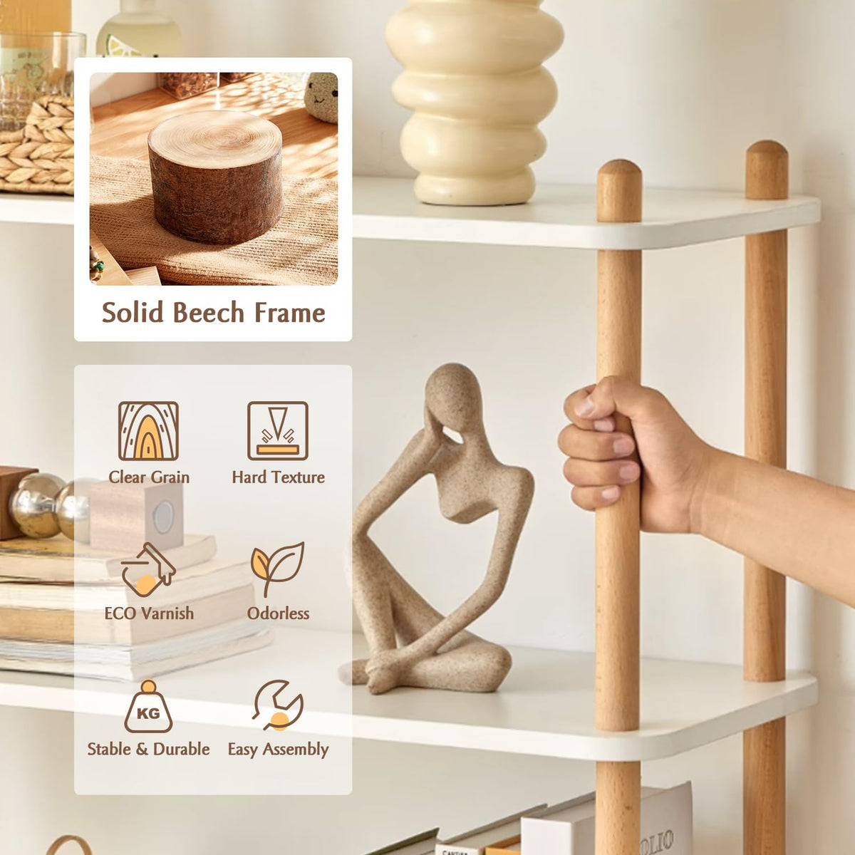IOTXY 4-Tier Wooden Shelf Bookcase - Modern Open Bookshelf, Free Standing Storage Rack, Multifunctional Display Stand for Home and Office, White, Rectangle