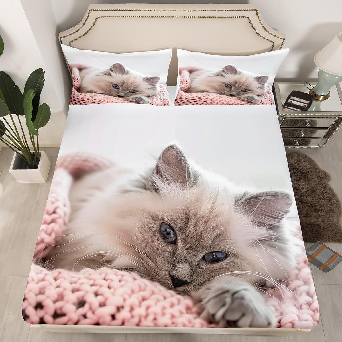 jejeloiu Cat Fitted Sheet Twin Size for Kids Boys Girls Cats Print Bed Sheets Set 16" Deep Pocket Breathable Microfiber Animal Bedding with 1 Pillowcase White Room Decor