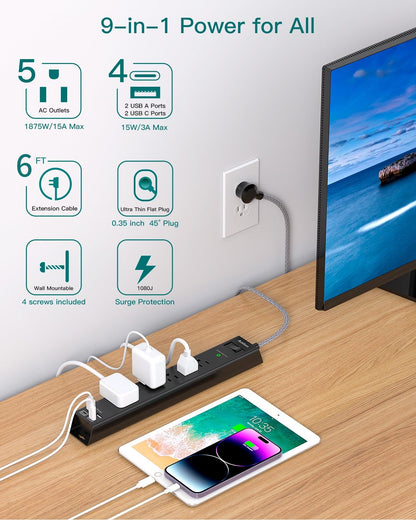 2 Pack Power Strip Surge Protector - 6Ft Extension Cord with 5 Widely Outlets 4 USB (2 USB C) Port, 1875W/15A, Wall Mount, Flat Plug, Desk Charging Station for Home Office College Dorm Room Essentials