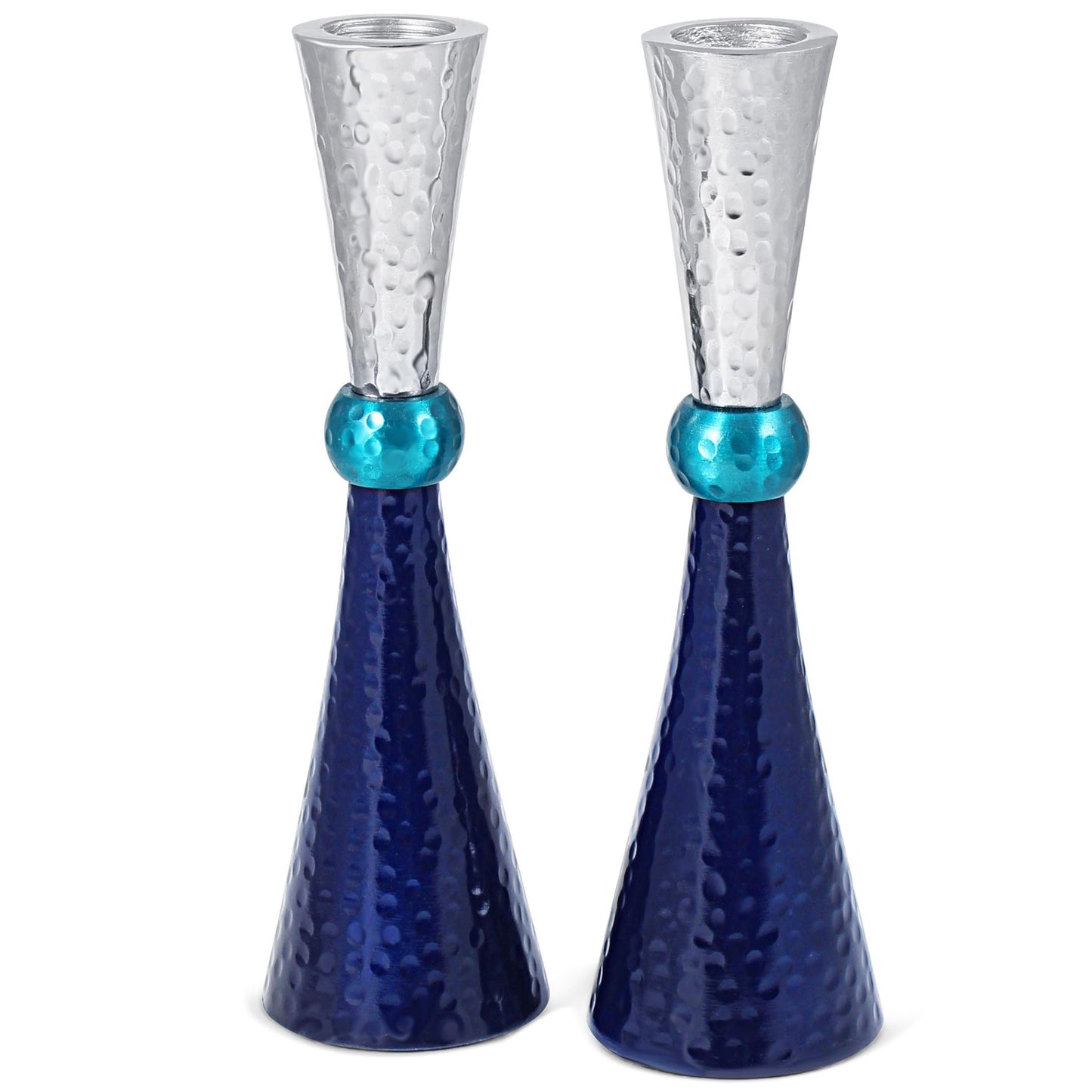 Zion Judaica Classic Candlestick Holders Set of 2 - Anodized Metal Hammered Finish - Fits Thick Tapered and Shabbat Candles - Blue Tones and Silver